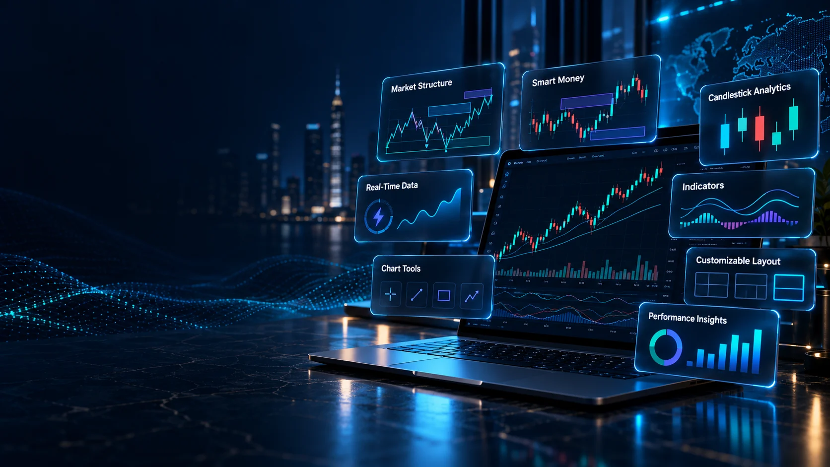 Illustrative layered chart and analysis panels
