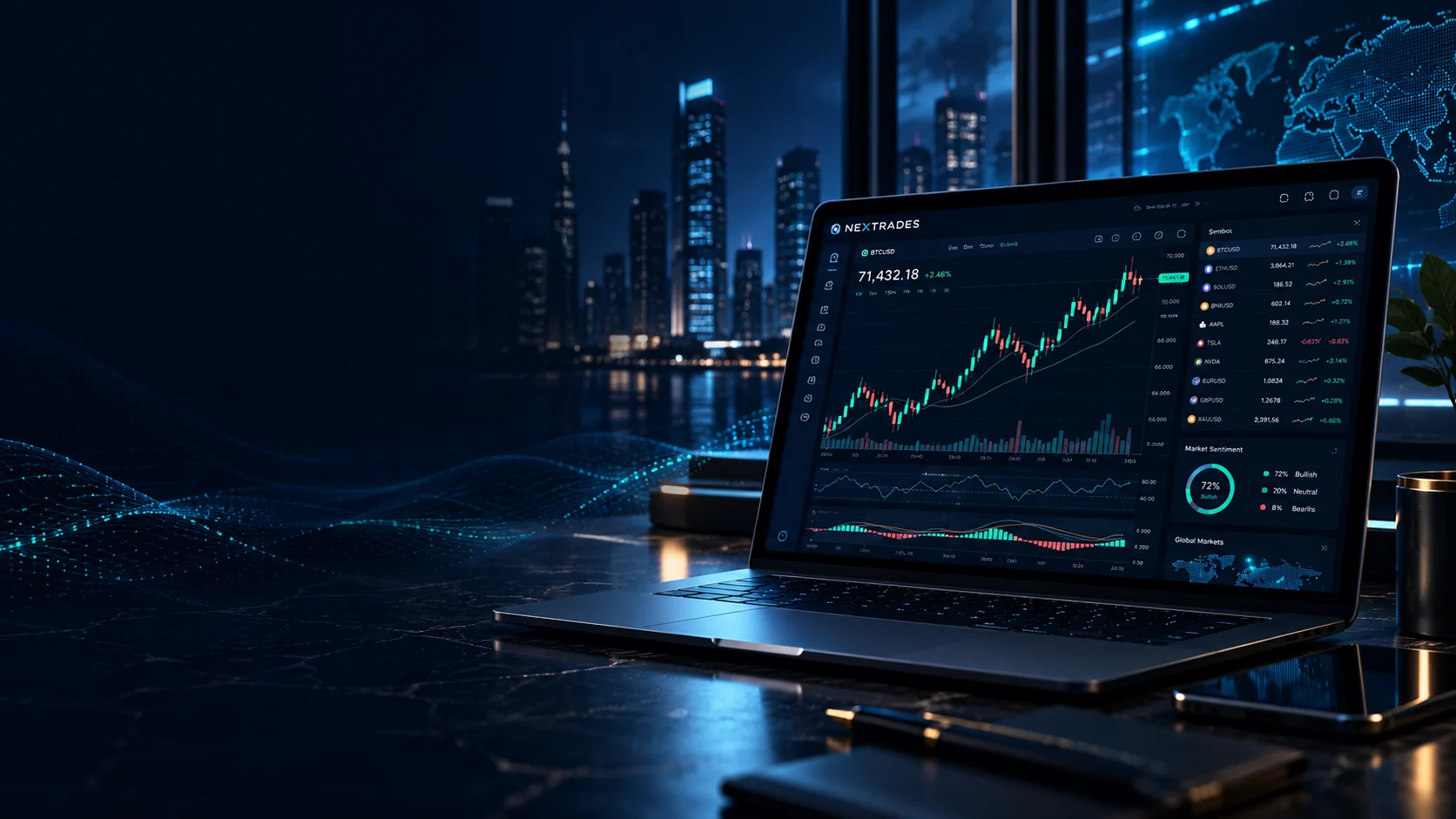 Illustrative NexTrades workstation in a blue-lit city setting
